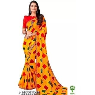 Mustard Colour Foil Printed Saree With Blouse Printed