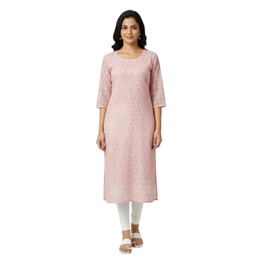 Mom and Me Women's Straight Chikankari Kurta/Kurti, Georgette Fabric, Latest Summer Stylish Wear Lining Design (Small, Peach)