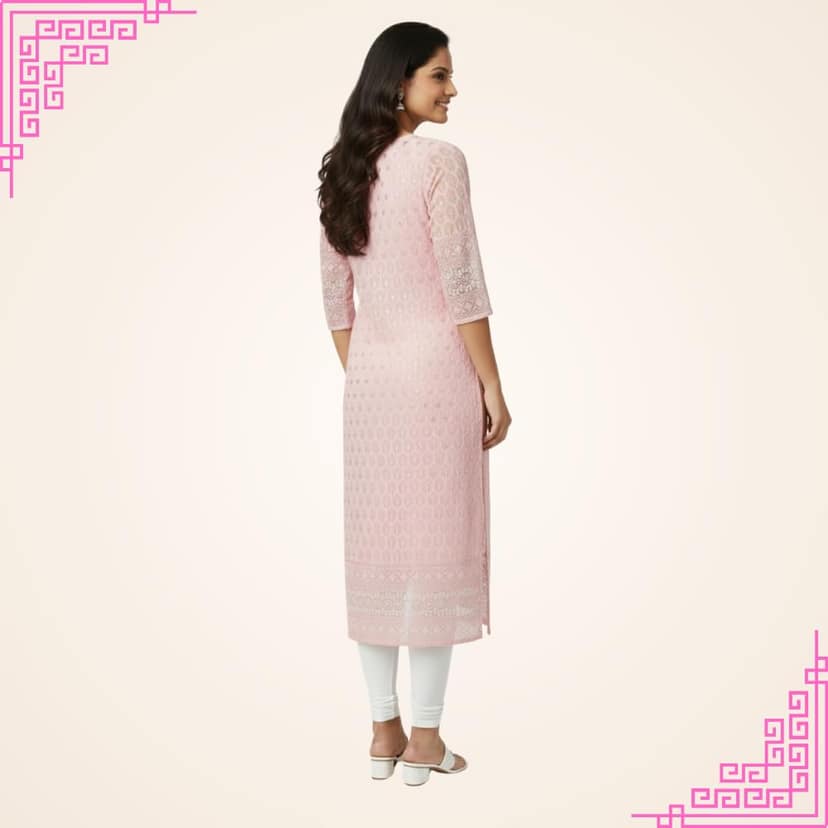 Mom and Me Women's Straight Chikankari Kurta/Kurti, Georgette Fabric, Latest Summer Stylish Wear Lining Design (Small, Peach) view 2