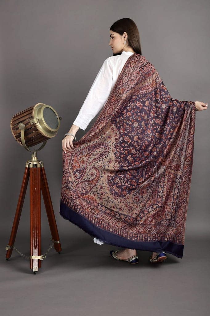 Medieval-Blue Reversible Jamawar Shawl with Woven Paisleys view 2