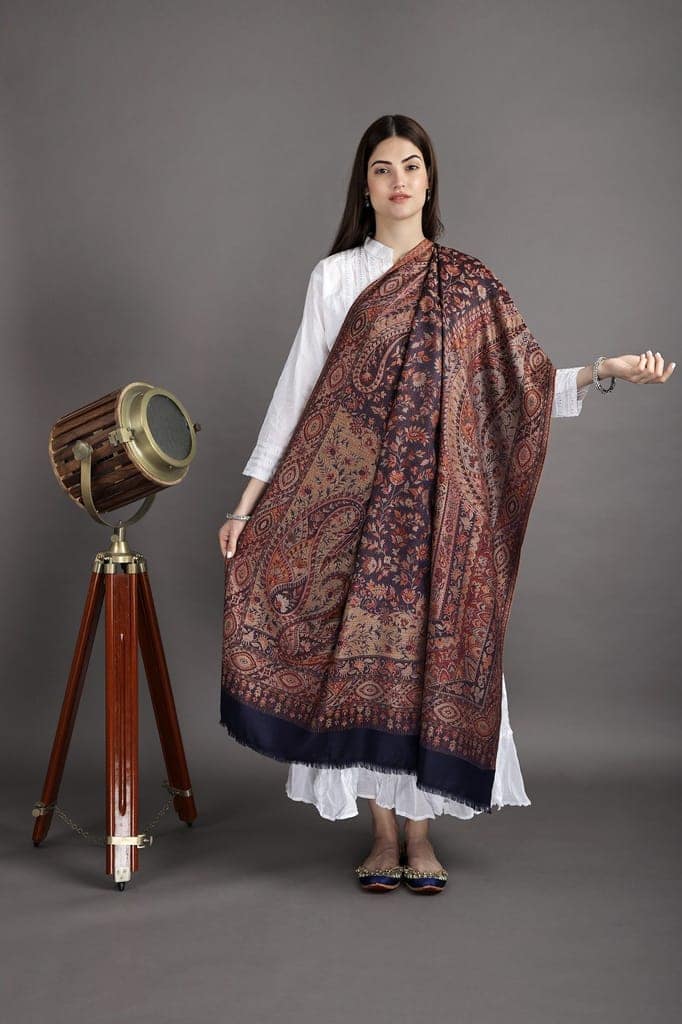 Medieval-Blue Reversible Jamawar Shawl with Woven Paisleys view 4