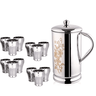 SHINI LIFESTYLE Steel floral design Jug with lid and 12pc premium matka glass, Steel jug glass set