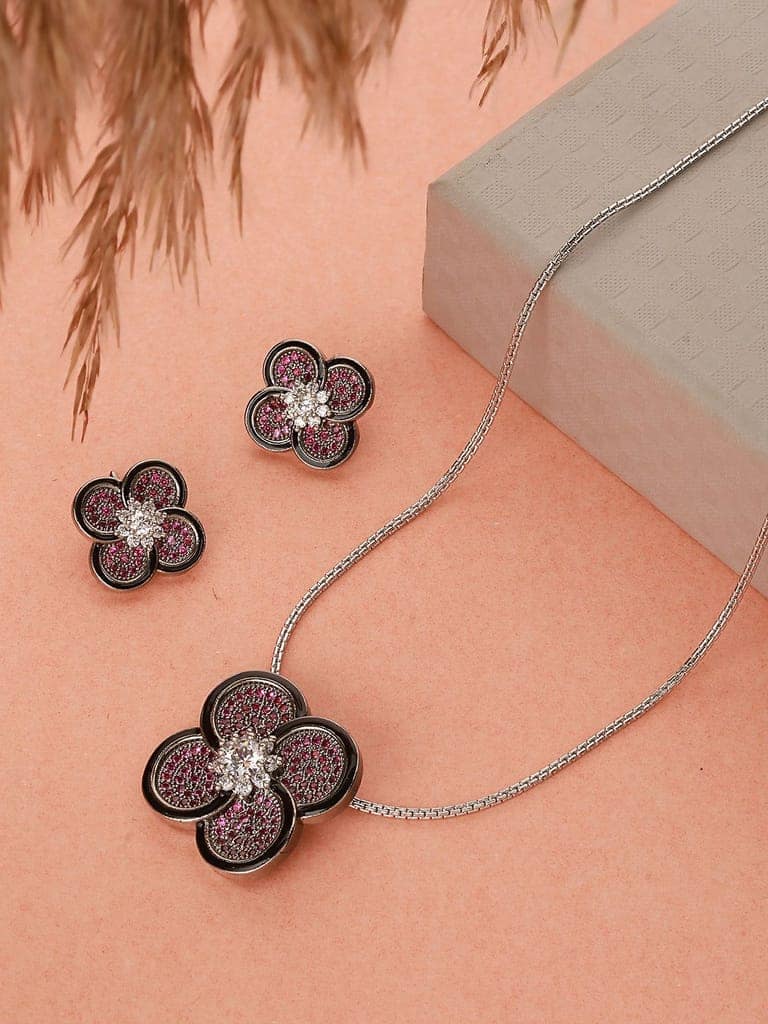 Silver Plated Red AD Studded Floral Designer Locket Jewellery Set view 2