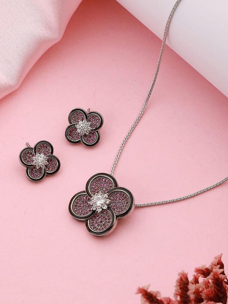 Silver Plated Red AD Studded Floral Designer Locket Jewellery Set view 4