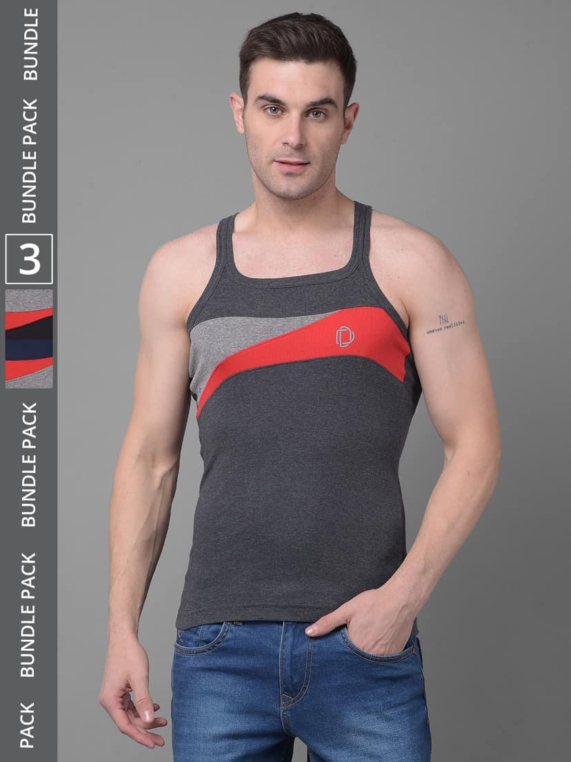 Men's Assorted Pack of 3 Solid Combed Cotton Racerback Styled Gym Vest