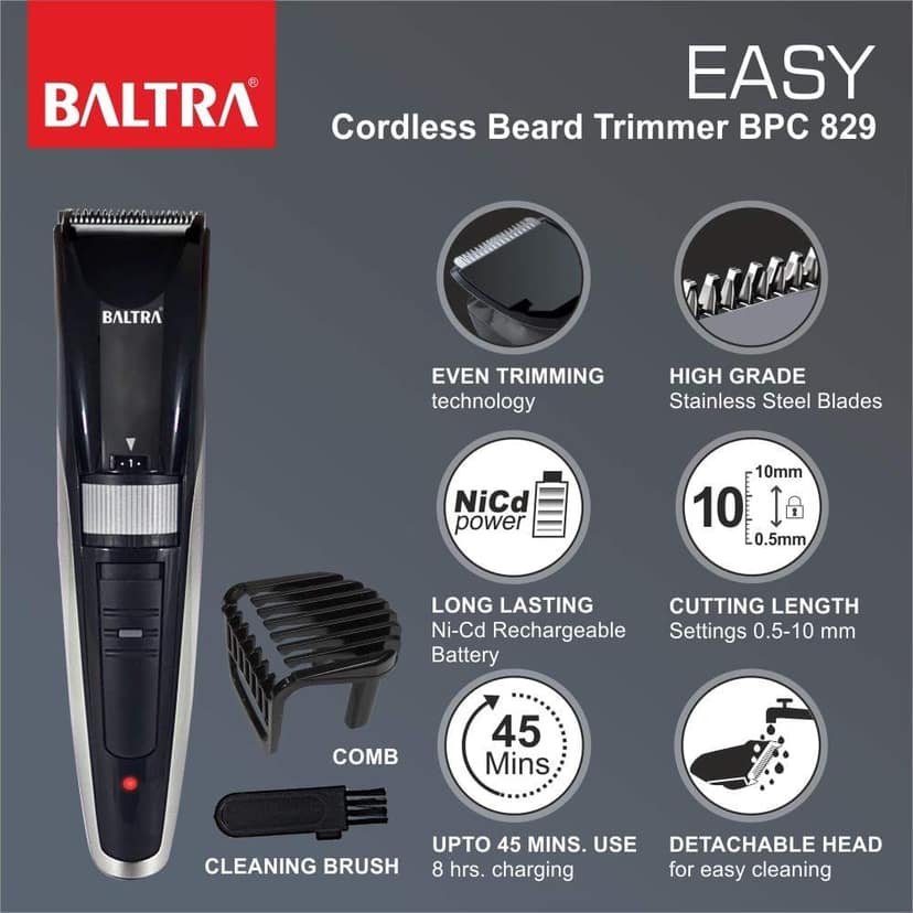 BALTRA Cordless Beard Trimmer with 2 Hours Quick Charge & 45 Min Runtime, Even Trimmimg Technology, 0.5-10mm Cutting Length, Detachable Head fot Easy Cleaning, (Comb+Cleaning Brush) Black view 8