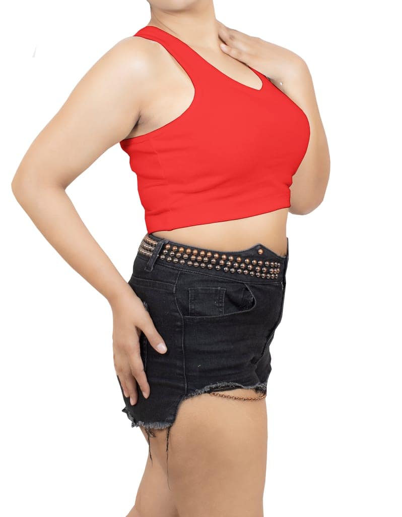 Red Soft and Stretchy Cotton Knit Rib Fitted V Neck Fitted Casual and Sports Crop Top view 2