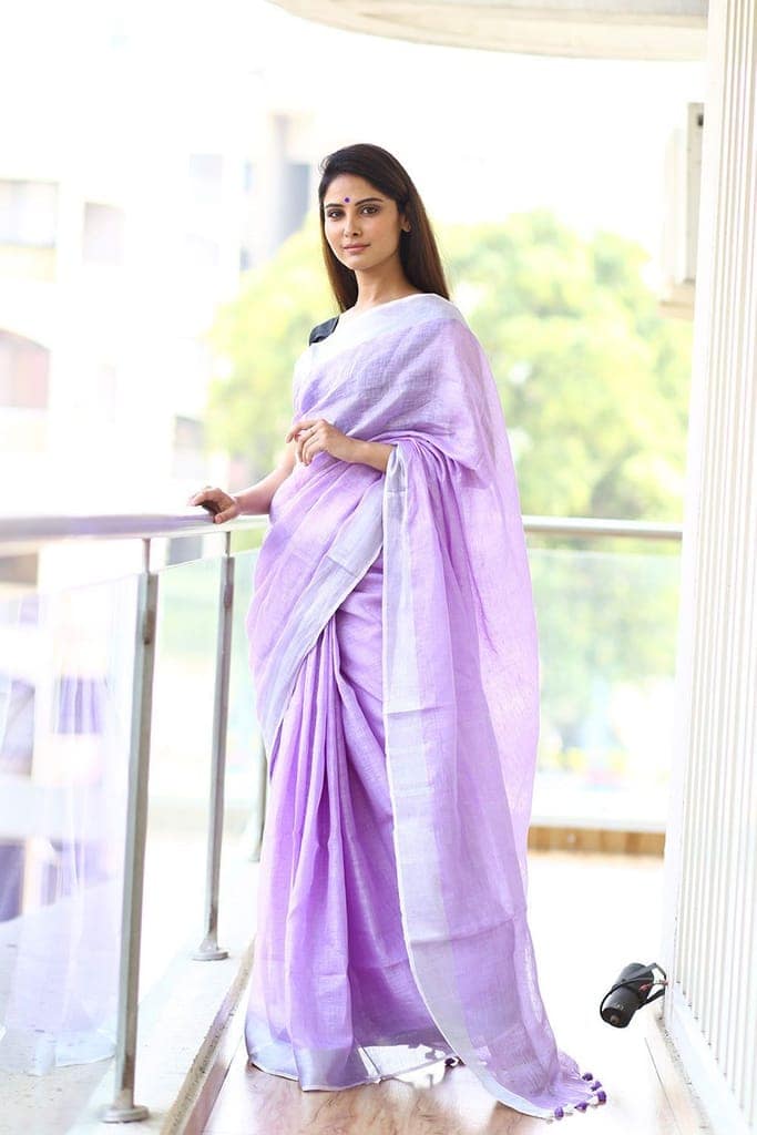 Pure Organic Linen Saree – Lavender view 3