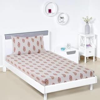 Jaipuri Cotton Single Bedsheet with 1 Pillow Cover, Pink Floral Print, 60x90 Inches