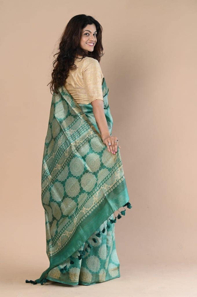 Exclusive Handloom Pure Tussar Silk Saree By Khadigram Certified Weavers ~ Green view 2