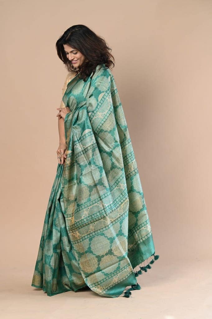 Exclusive Handloom Pure Tussar Silk Saree By Khadigram Certified Weavers ~ Green view 4