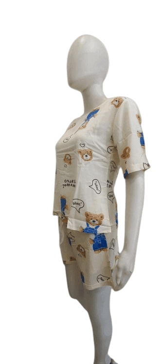 Women’s Cute Teddy Print Nightwear Set – Half Sleeve Top & Shorts Pajama Set (Cream) view 2