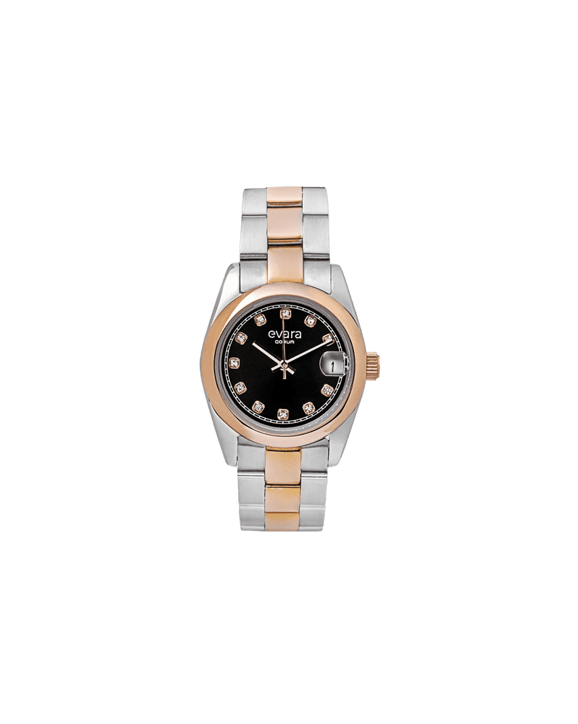 Qorum Evara Ladies Watch – Black Studded Dial, Date Display, Two-tone Rose Gold Plated Stainless Steel Strap