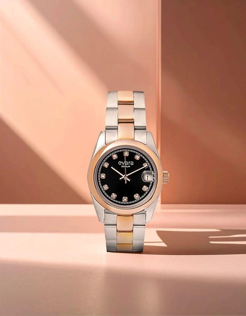 Qorum Evara Ladies Watch – Black Studded Dial, Date Display, Two-tone Rose Gold Plated Stainless Steel Strap view 2