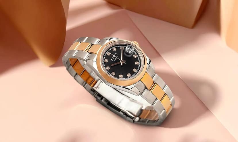 Qorum Evara Ladies Watch – Black Studded Dial, Date Display, Two-tone Rose Gold Plated Stainless Steel Strap view 3