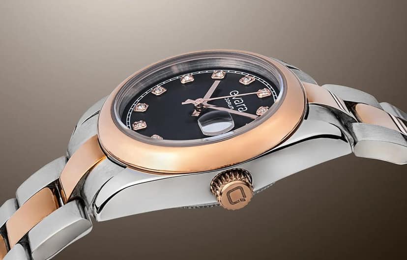 Qorum Evara Ladies Watch – Black Studded Dial, Date Display, Two-tone Rose Gold Plated Stainless Steel Strap view 4