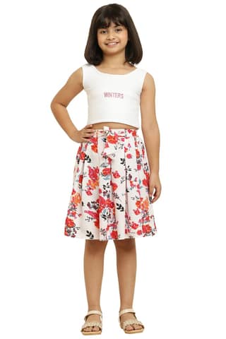 Stylish Red Floral Printed Elastic & Ribbon Skirt for girls.