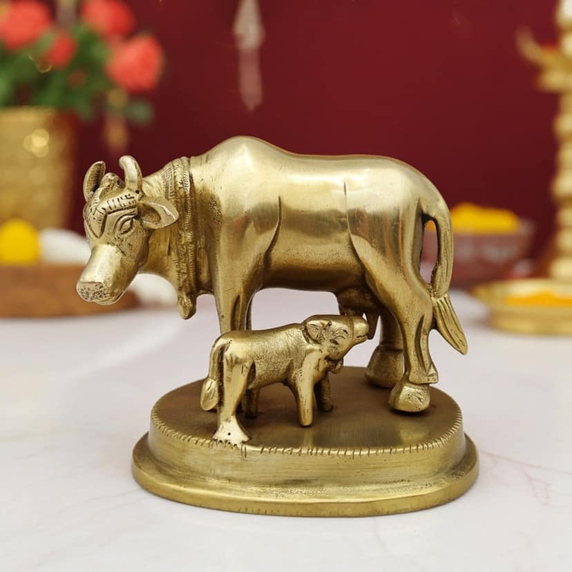 Handcrafted Brass Cow and Calf - Religious Showpiece for Home Decor, Height : 3 Inch (BSMAS391 A)