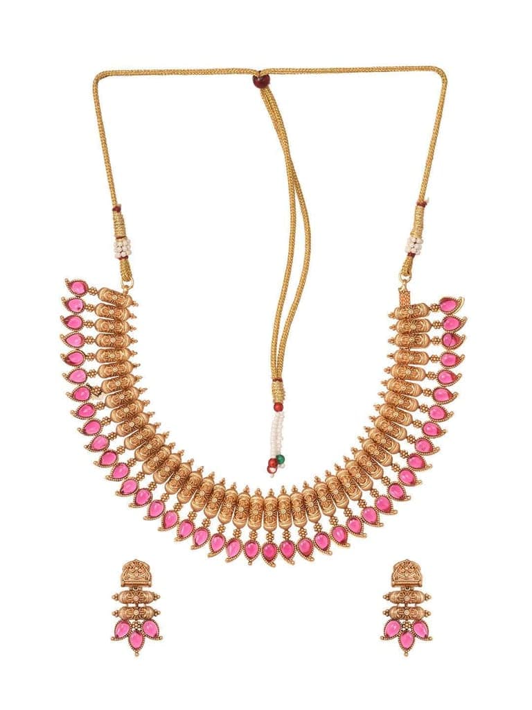 Gold Plated Red stone studded Handcrafted Leaf design Temple Jewellery Set view 2