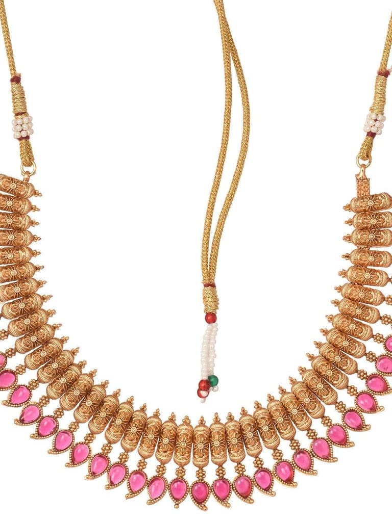 Gold Plated Red stone studded Handcrafted Leaf design Temple Jewellery Set view 4