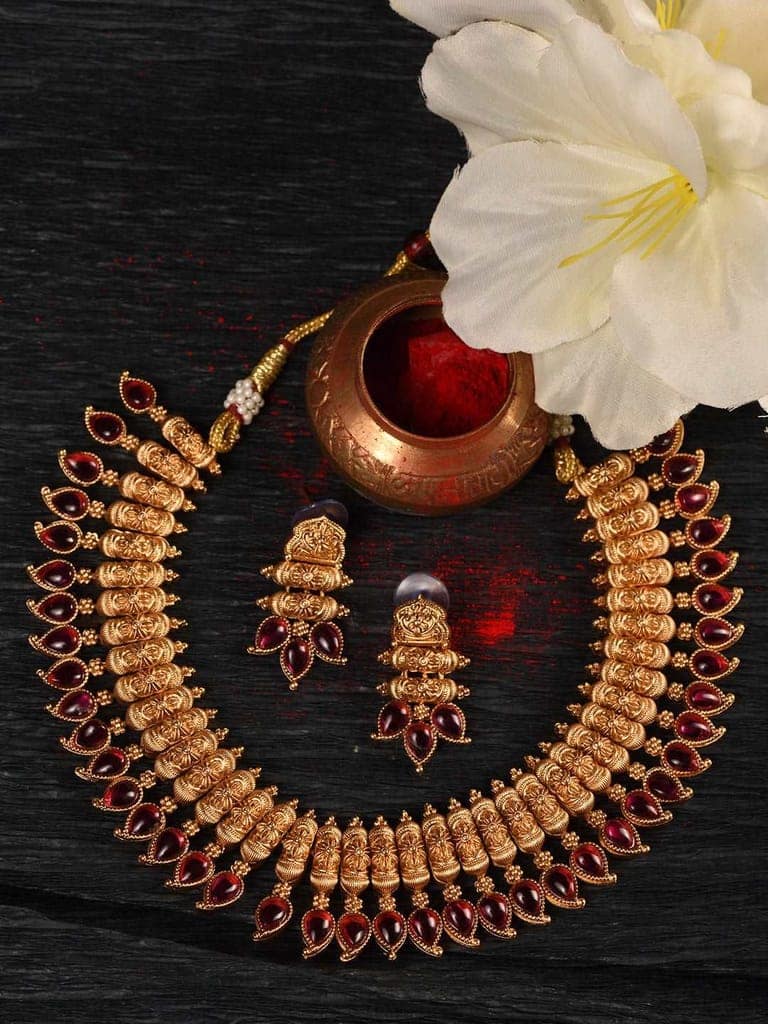 Gold Plated Red stone studded Handcrafted Leaf design Temple Jewellery Set view 6