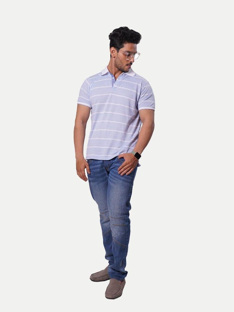 Men Blue Striped Cotton Polo T-shirt view 4