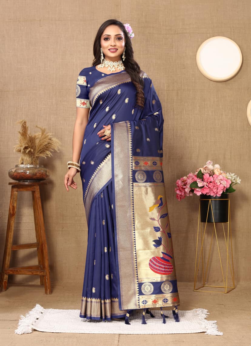 Soft Paithani silk saree with zari weawing desi...