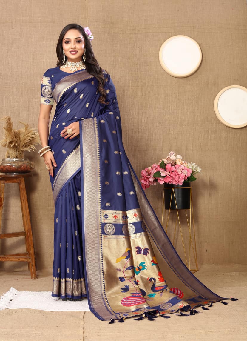 Soft Paithani silk saree with zari weawing desi... view 2