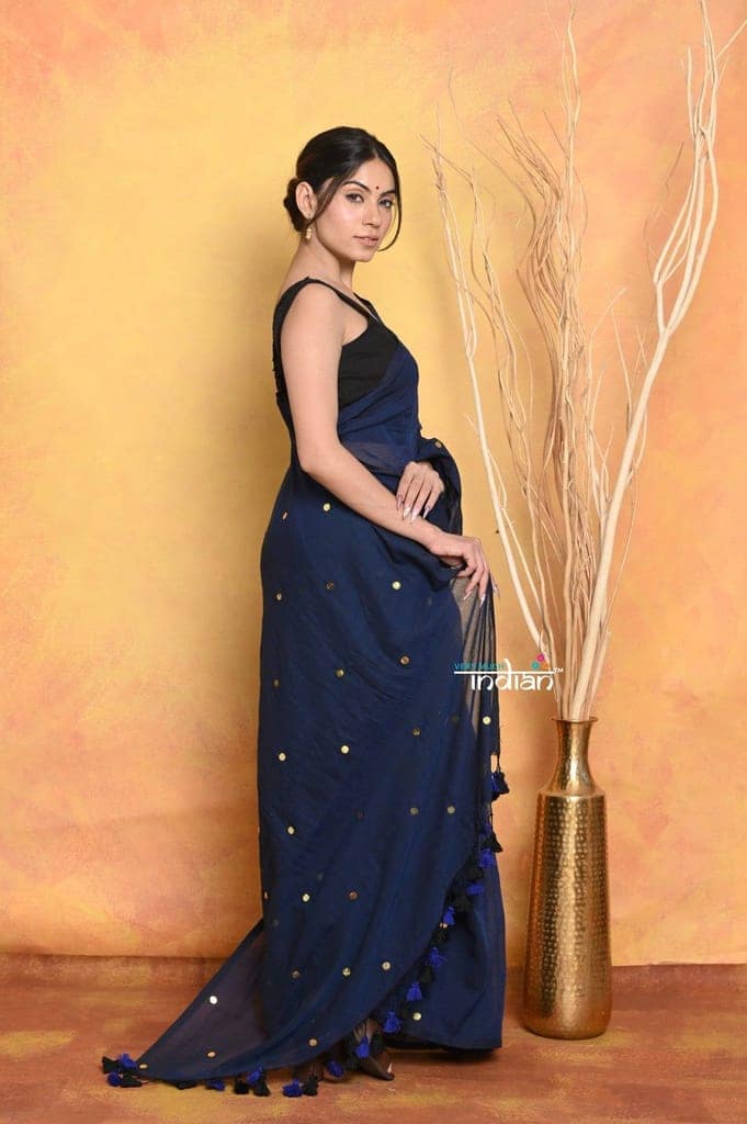 Pure Mul Cotton Handloom Saree - Dark Blue view 3