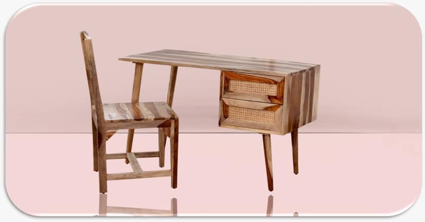 Jamani art craft study table of sheesham wood with Chair ,for Living Dining Bedroom Natural Cane Woven Back and a Comfortable Cane seat view 2
