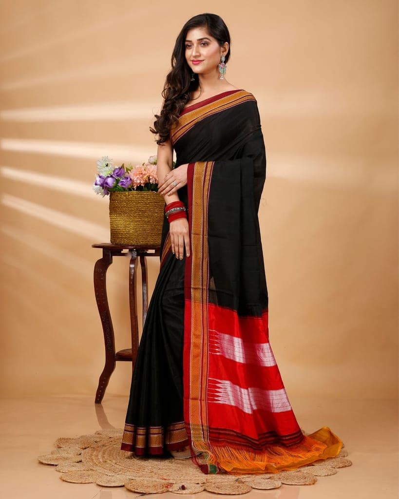 ILKAL Handloom Cotton Silk Saree Black Color with running blouse-7444 view 2