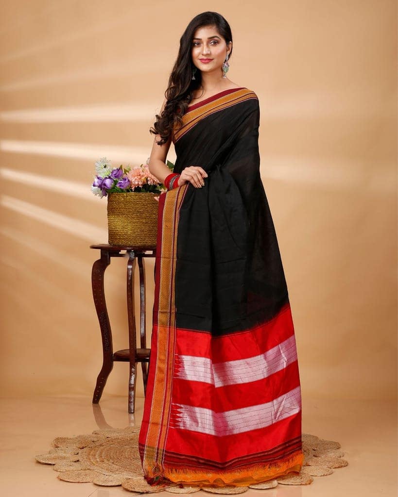 ILKAL Handloom Cotton Silk Saree Black Color with running blouse-7444 view 3