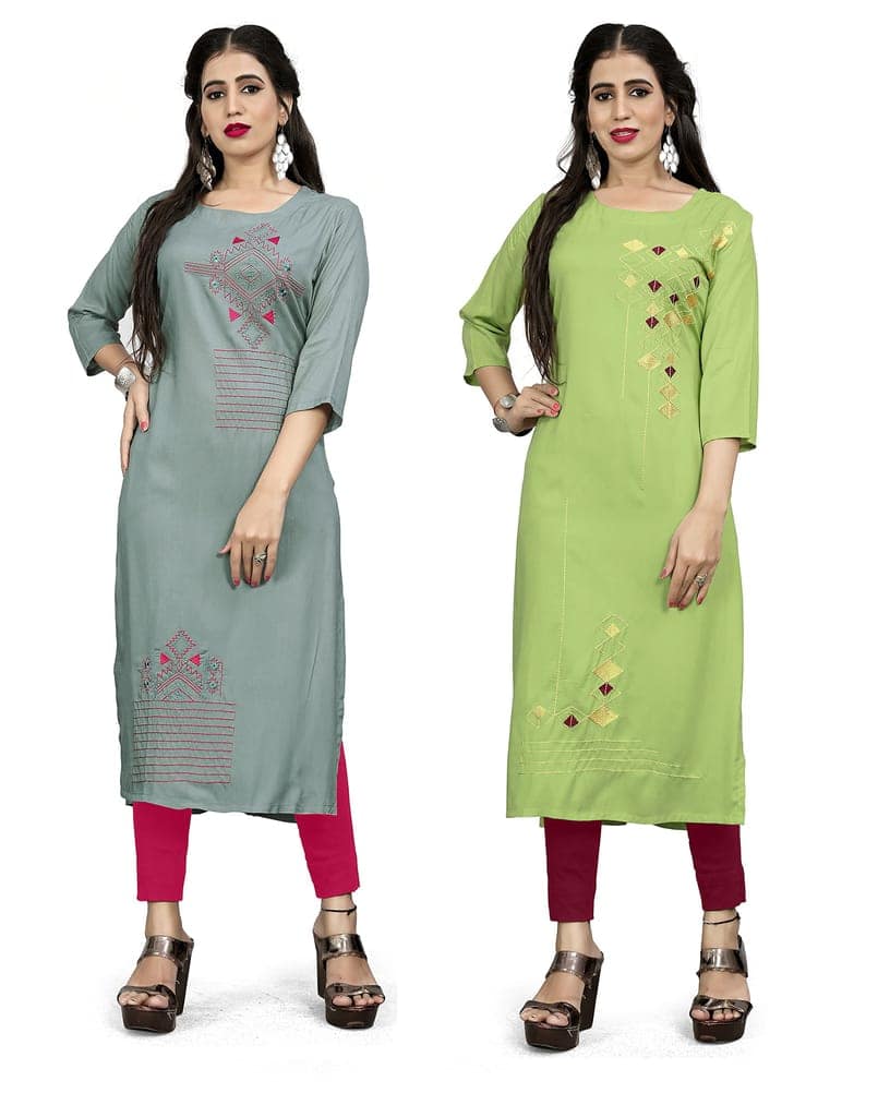 STYLEOO Rayon Embroidered Straight Kurta/kurties for Women and Girls Pack of 2 (M, L, XL, XXL) Grey, Light Green view 4