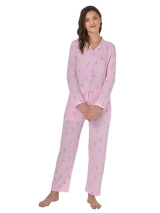 Klamotten Women's Baby Pink Allover Printed Top Pyjama Set N54Rb