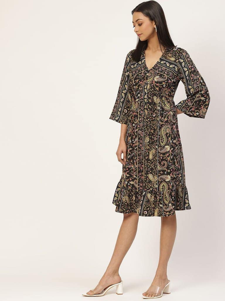 Multicoloured Ethnic Motifs Crepe A-Line Dress view 3