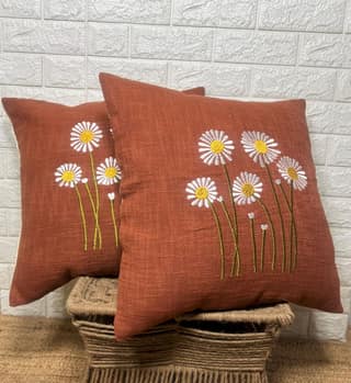 Indihomecraft Handicraft Cotton Cushion Cover - Hand Stitched Embroidery Decorative Boho Pillow Sun Flower Shape Hand Made Pillow Cover | Hand Stitch 18X18 Inches Cushion Cover, Set of 2