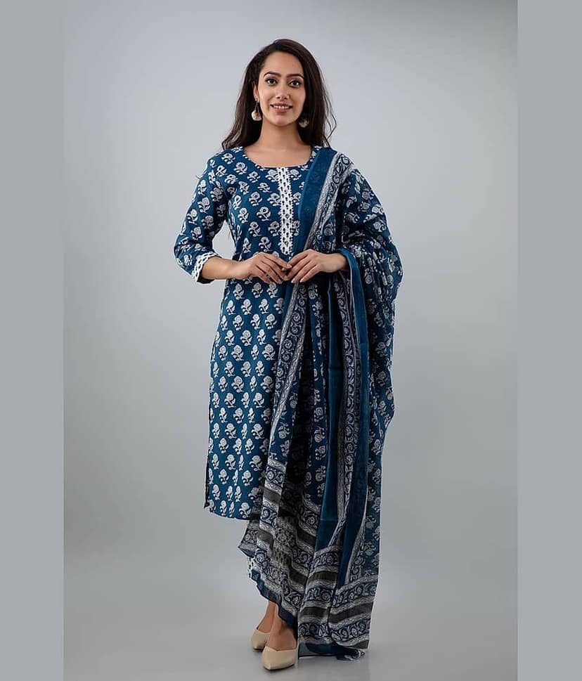 Jaipuri Collection - Navy Cotton Women's Straight Kurti ( Pack of 1 )
