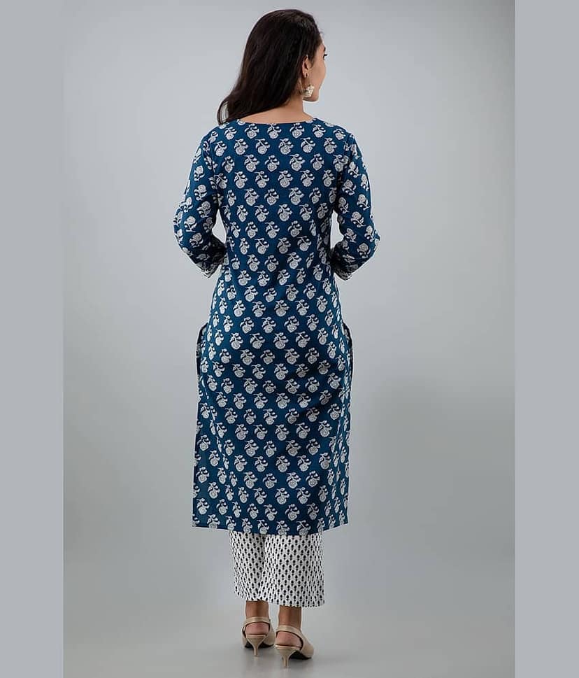 Jaipuri Collection - Navy Cotton Women's Straight Kurti ( Pack of 1 ) view 2
