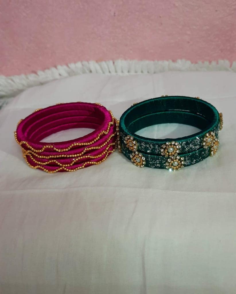 Set of 4 Silk Thread Bangles with Stone and Pearl view 2