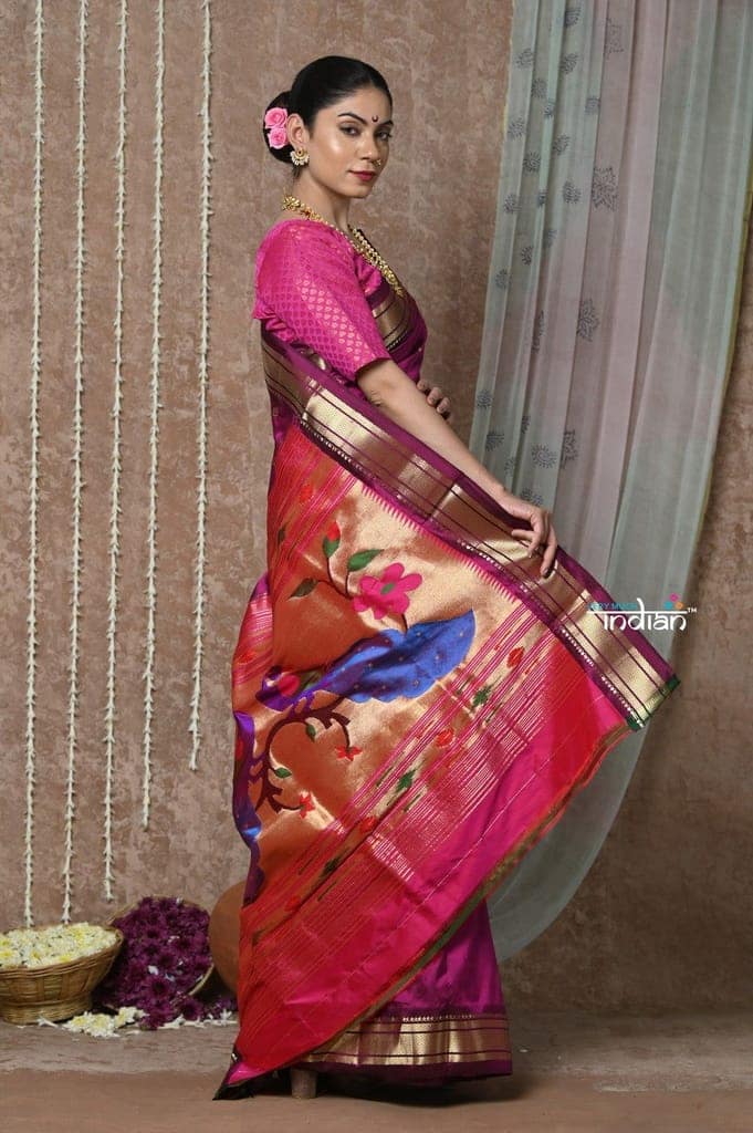 Tyohaar ~ Chandrakor: Handloom Pure Silk Maharani Paithani Saree with Traditional Maharani Pallu ~ Rani Pink (By Government Certified Weavers) view 6