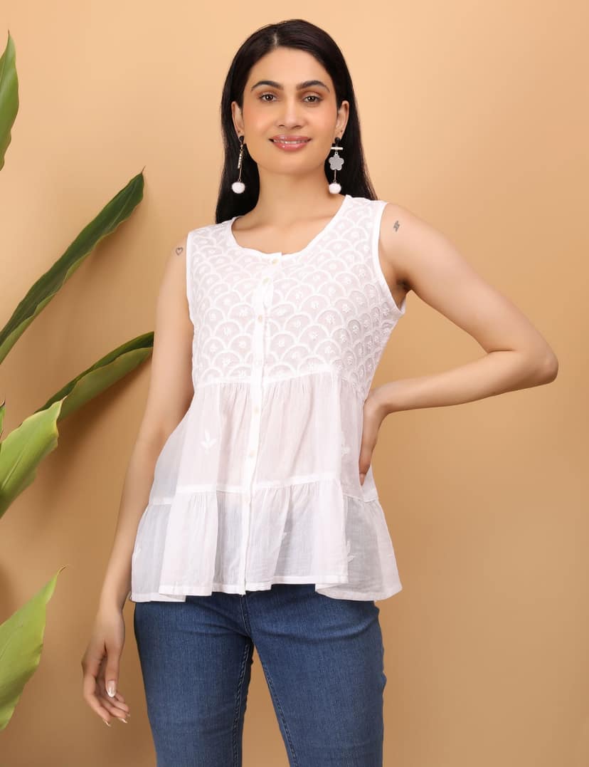 Shwet Women White Chikankari Sleevless Tier Top view 4