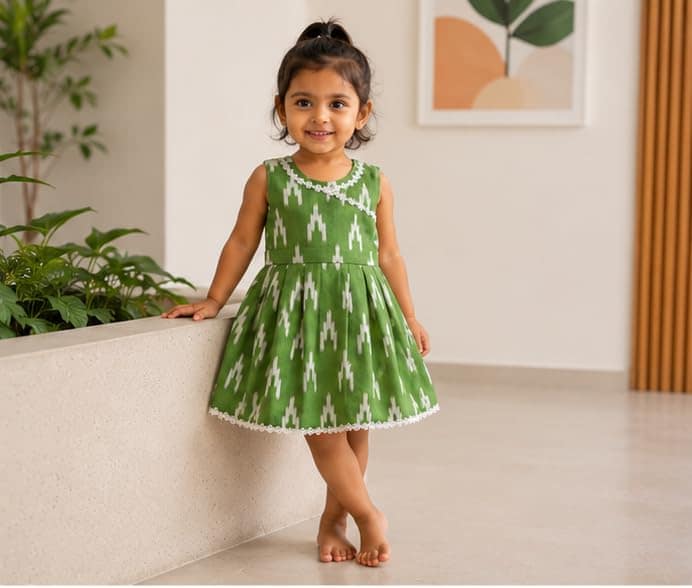 Baby Girls Muslin Cotton Frock | Soft Summer Dress with Cotton Lining | Sleeveless Ikat Print Dress | Back Zip & Tie-Up Belt Age 0–5 Years (IN, Age, 6 Months, 12 Months, Regular, Parrot Green) view 2