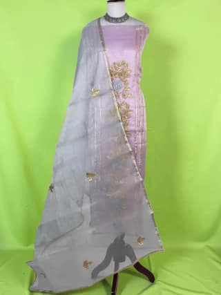 Handwoven Kota Doria Dress Material in Pastel Lilac with Hand Embroidery