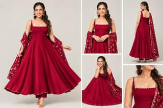 mystore Women's Maroon Flared Anarkali Suit Set with Embroidered Dupatta