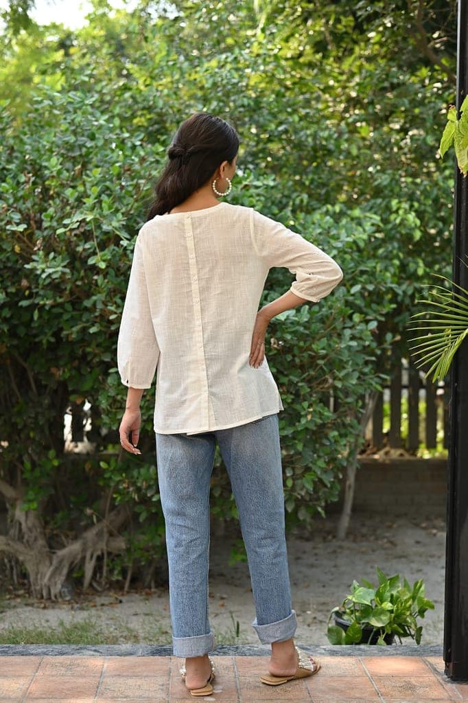 Jasmine Sindhi Hand Embroidered Round Neck Cotton Top view 3