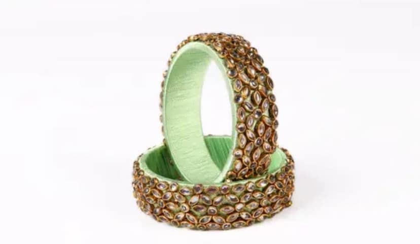 Green Silk Thread Bangle with Kundan Stones view 2