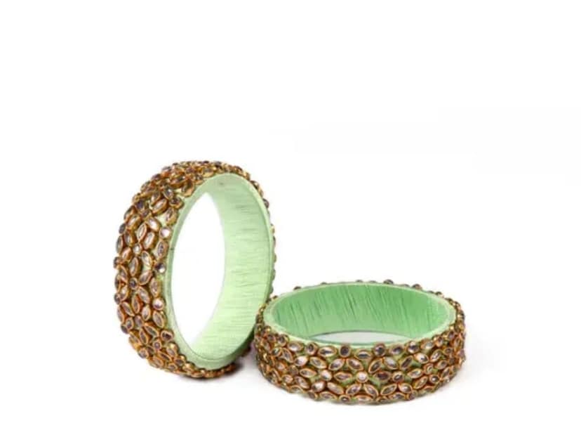 Green Silk Thread Bangle with Kundan Stones view 3