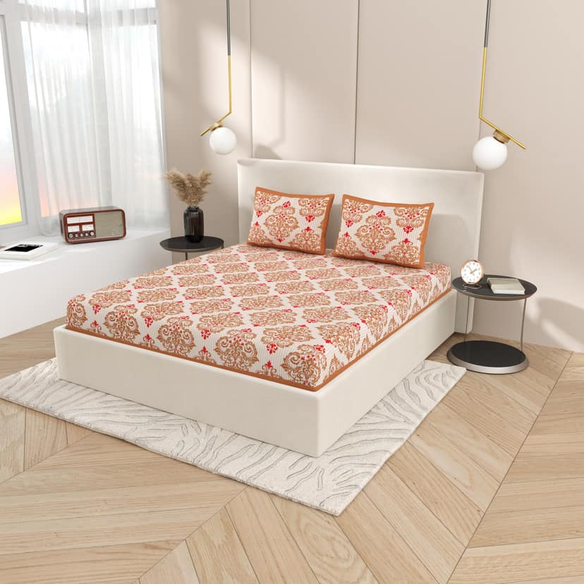 Lali Prints Brown Ethnic Motifs Block Print Cotton 130 TC Queen Bedsheet 2 Pillow Covers view 2