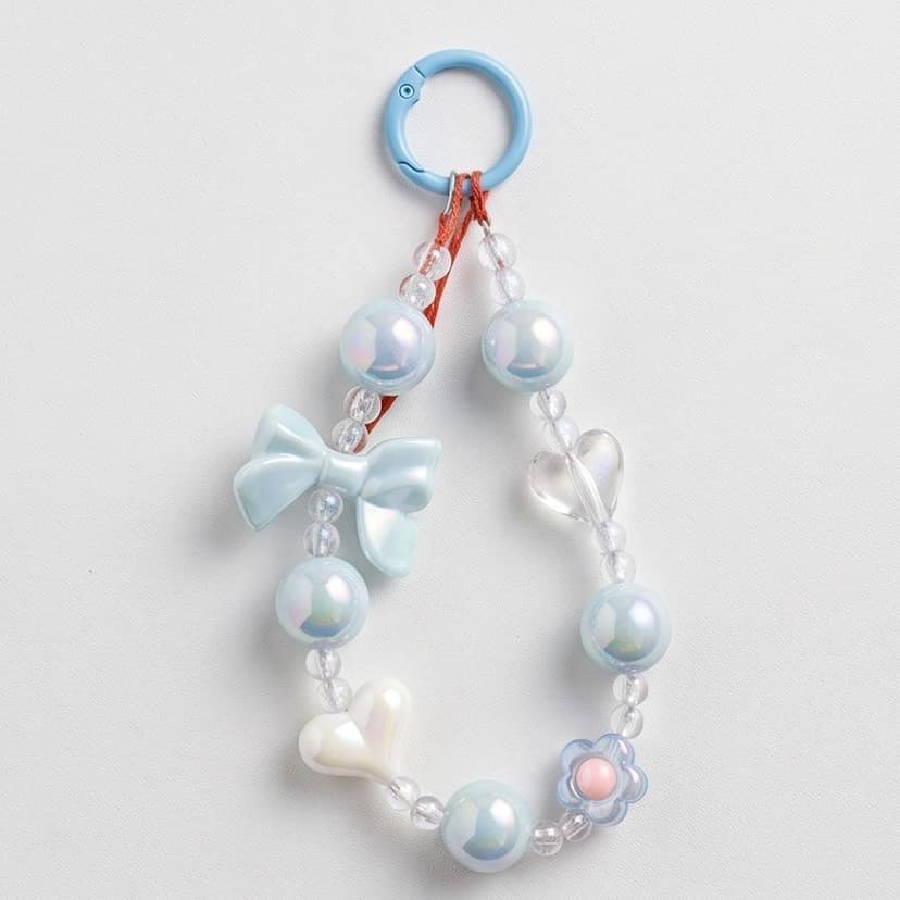 Pastel Blue Heart and Bow Beaded Phone Charm