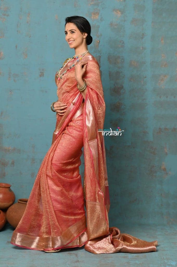 Tyohaar ~ Exclusive! Banarasi Handloom Crushed - Pure Tissue Silk Saree ~ Serene Peachy Orange ( Silk Mark Certified) view 2